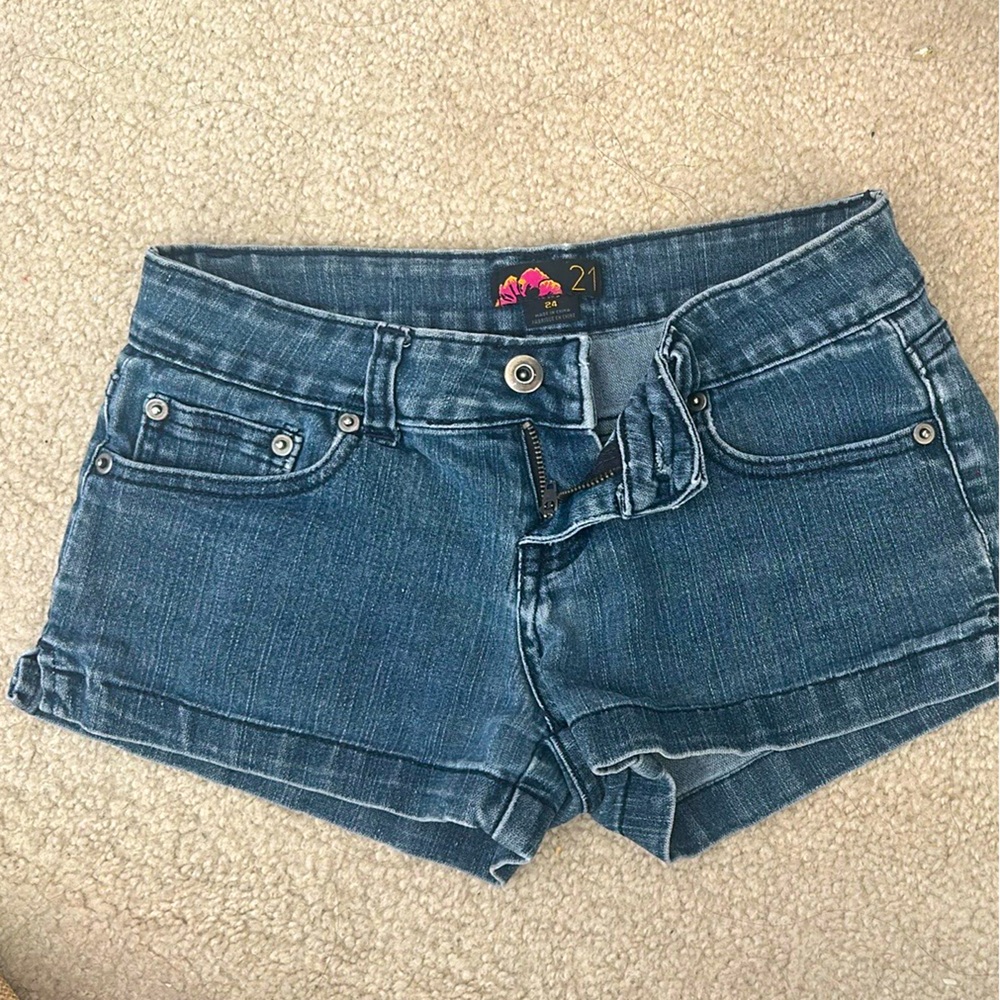Blue Jean Shorts with Frayed Hem and Contrast Stitching